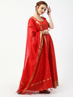 Cheera Women's Red Cotton Hand Block Print Long Dress With Silk Dupatta Set