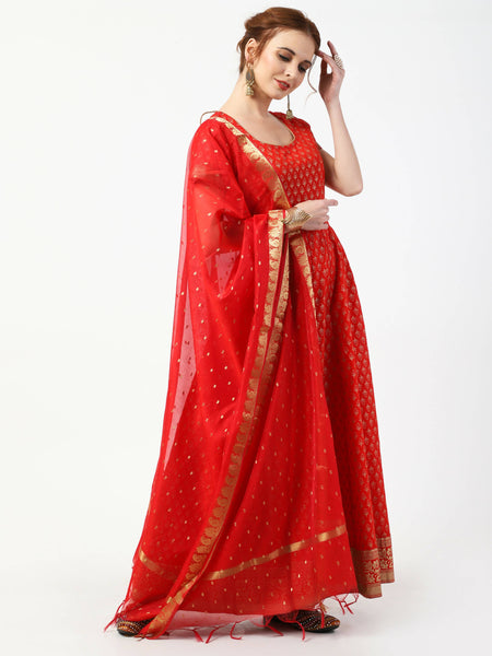 Cheera Women's Red Cotton Hand Block Print Long Dress With Silk Dupatta Set
