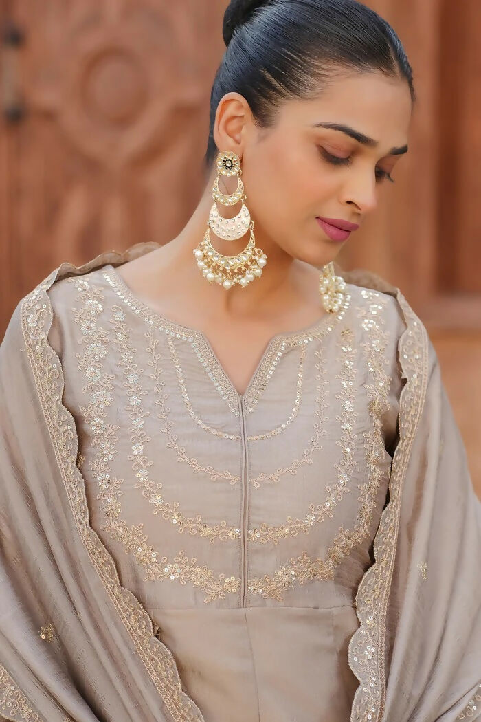 The52 Brown Women's Gorgeous Vichitra Silk Fabric Embroidered Work Flared Anarkali Pant and Dupatta Set - Distacart