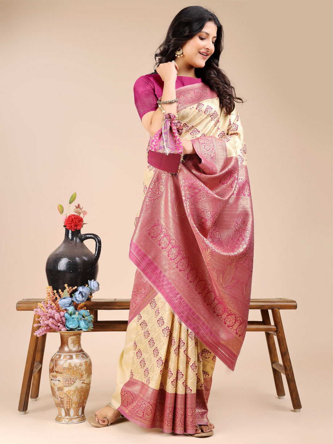 Shree Shyam Fashion Aura Silk Cream Magenta Banarasi Silk Saree