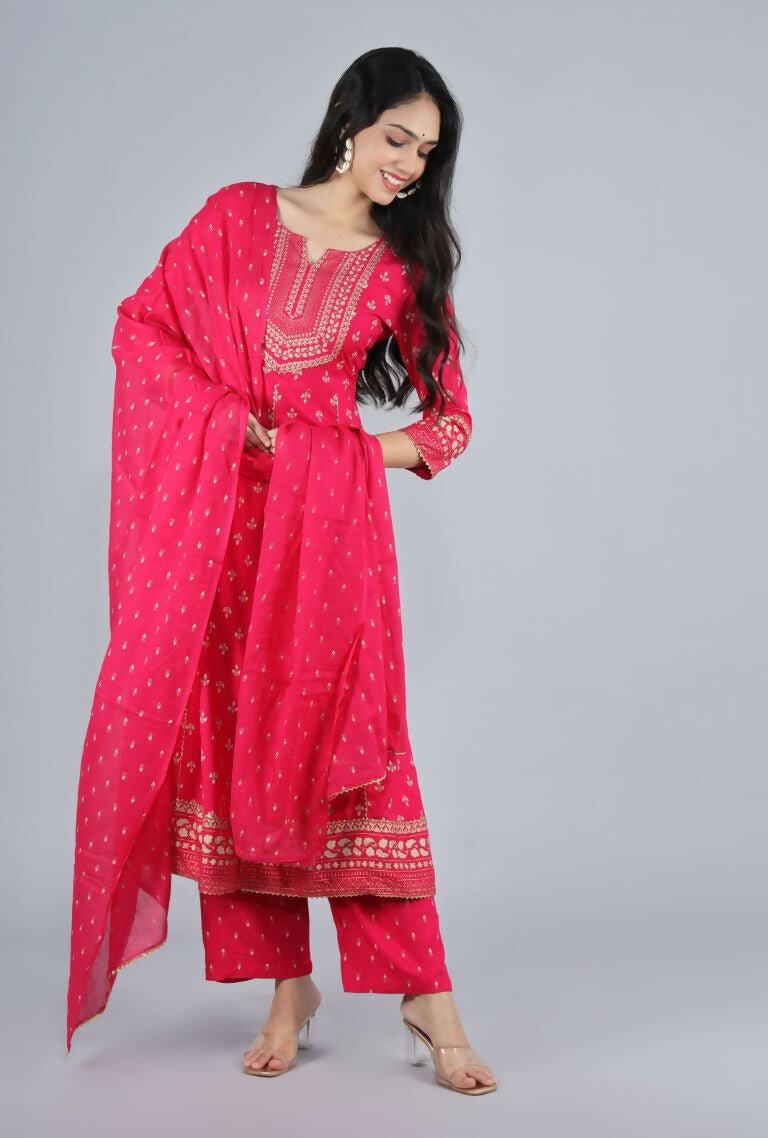 Alvano Alvano Beautiful Printed Kurti with Palazzo and Dupatta for women's and Girls (Pink)