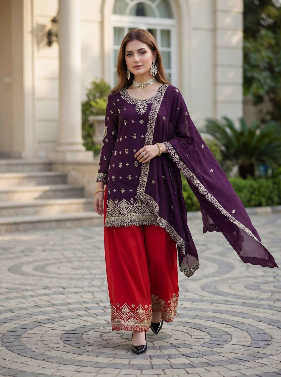 Joban Fashion Purple Silk Embroidered Sharara Set - Distacart