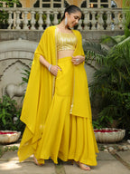 Janasya Yellow Georgette Sequined Top Bottom Cape