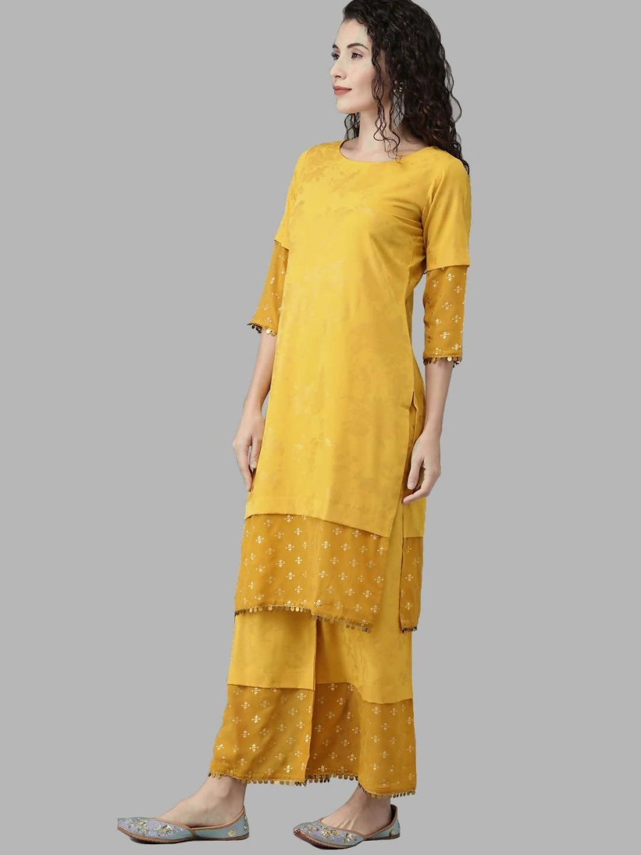 Ahalyaa Women Mustard Crepe Printed Kurta Palazzo Set With Dupatta