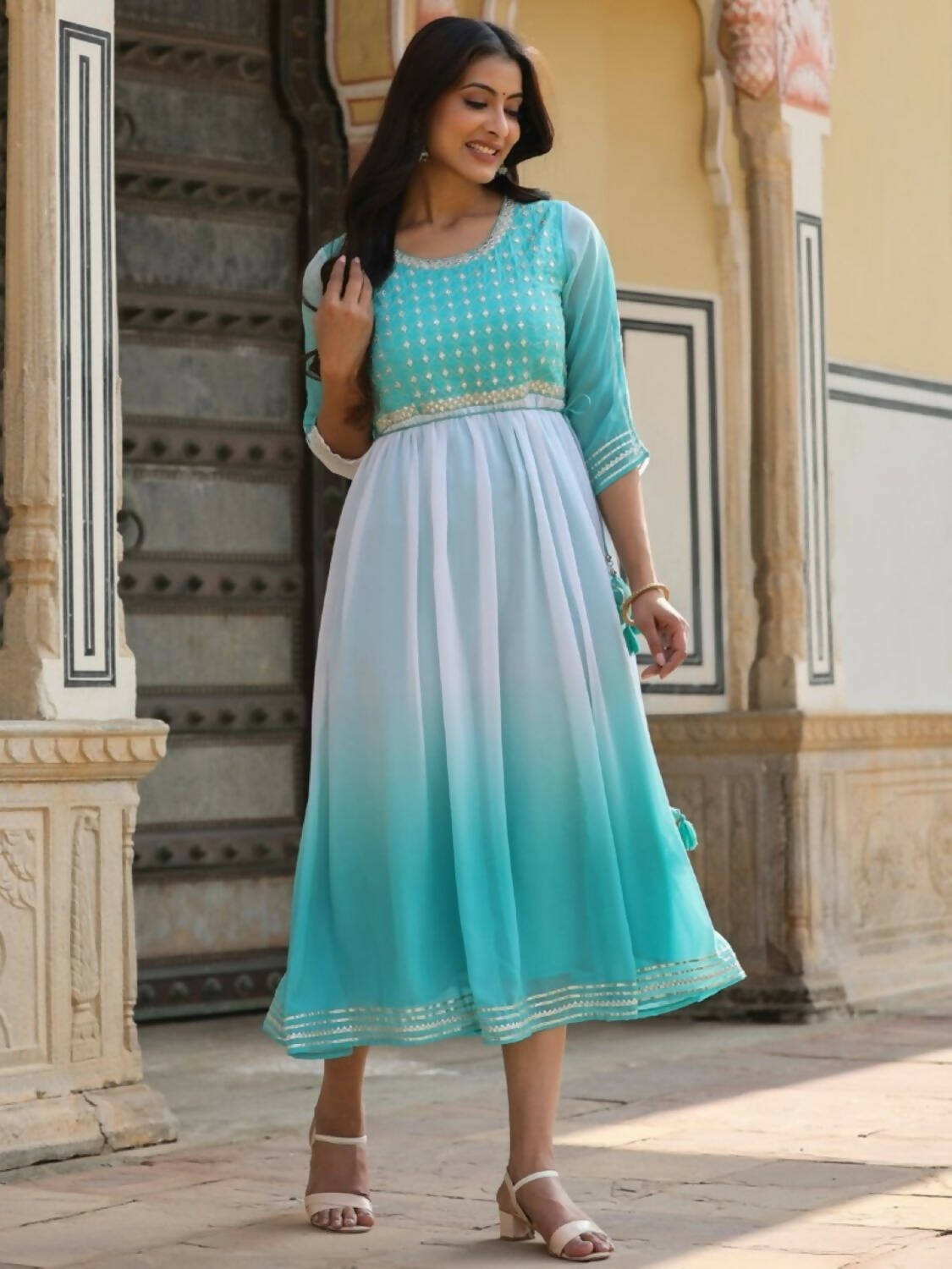 Juniper Women Teal Georgette Embroidered Maxi Dress - Distacart