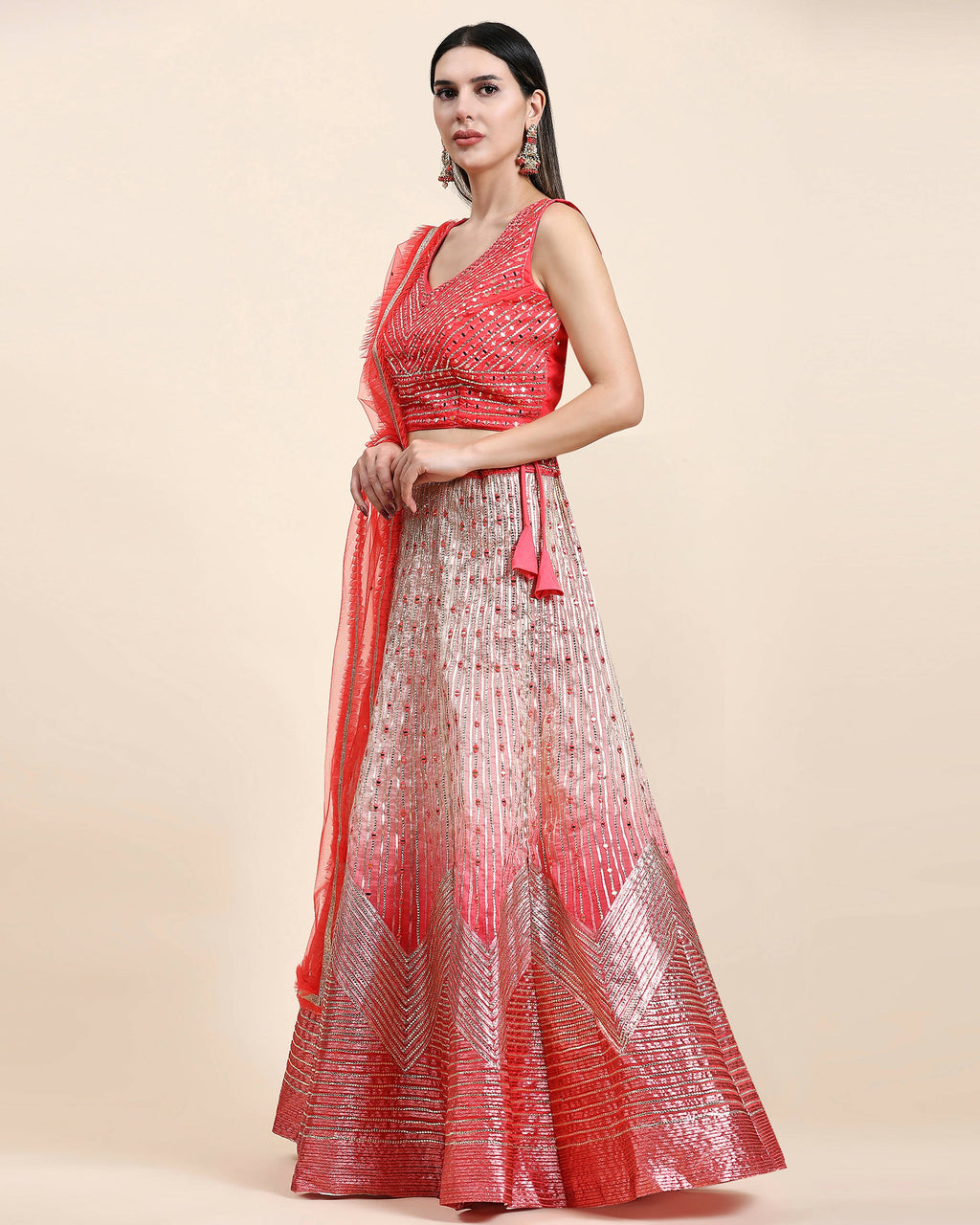 Red Organza Mirror With Coding Work Lehenga Choli with Dupatta - Tanya