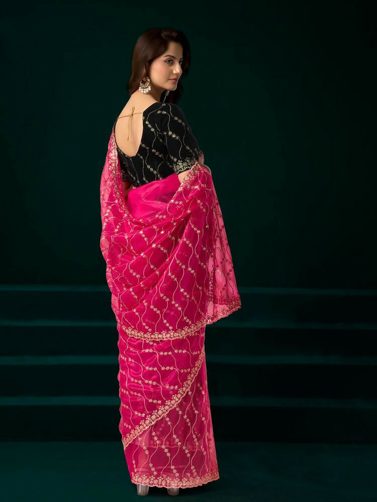 Joban Fashion Rani Pink Net Party Wear Sarees - Distacart