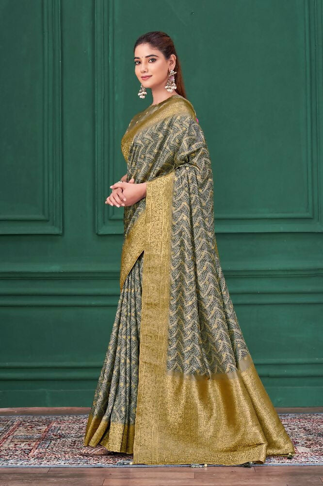 Grey Tussar Silk Jacquard Abstract Digital Print Saree with Unstitched Blouse - Mohira