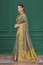 Grey Tussar Silk Jacquard Abstract Digital Print Saree with Unstitched Blouse - Mohira