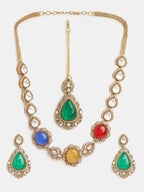 Ruby Raang 22k Gold Polished Stonework Kundan Necklace With Earrings And Maang Tikka