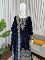 Vastranavya Blue Viscose Velvet Cording Sequence With Moti Work Top-Bottom With Dupatta - Distacart