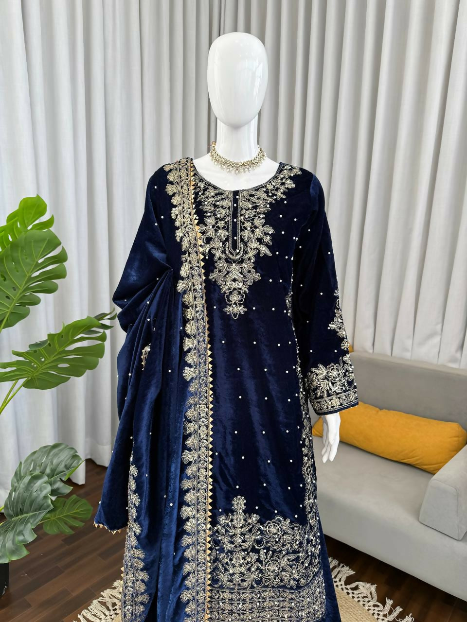 Vastranavya Blue Viscose Velvet Cording Sequence With Moti Work Top-Bottom With Dupatta - Distacart