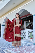 Teeya Creation Maroon Color Chinon Silk Heavy Embroidery Work Wedding Wear Sharara - Distacart