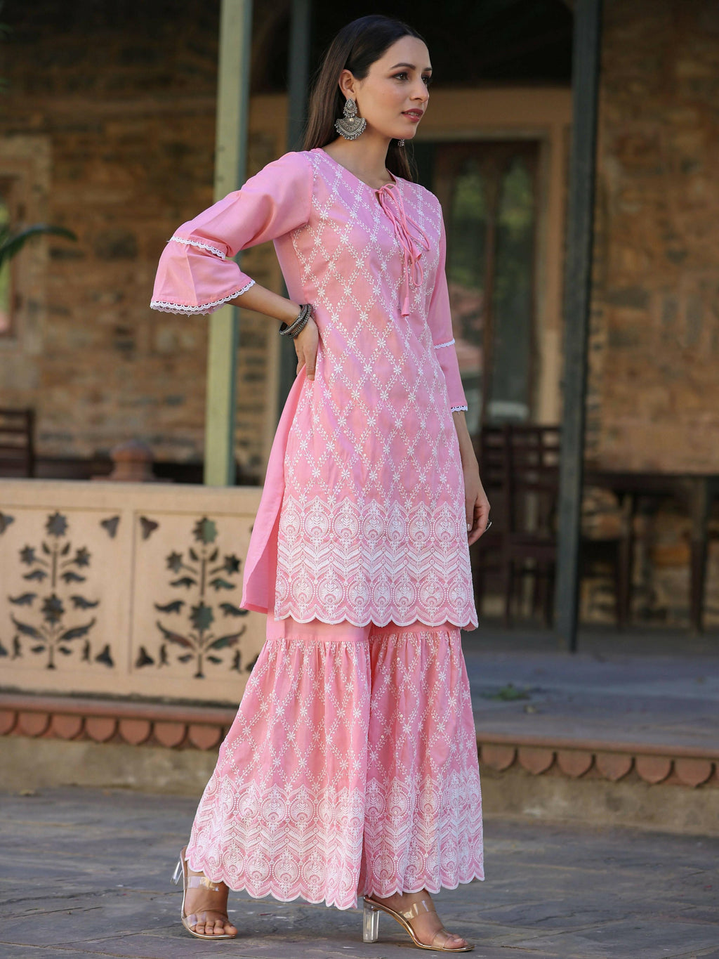 Juniper Women's Pink Chinnon Embroidered Kurta Garara Set - Distacart