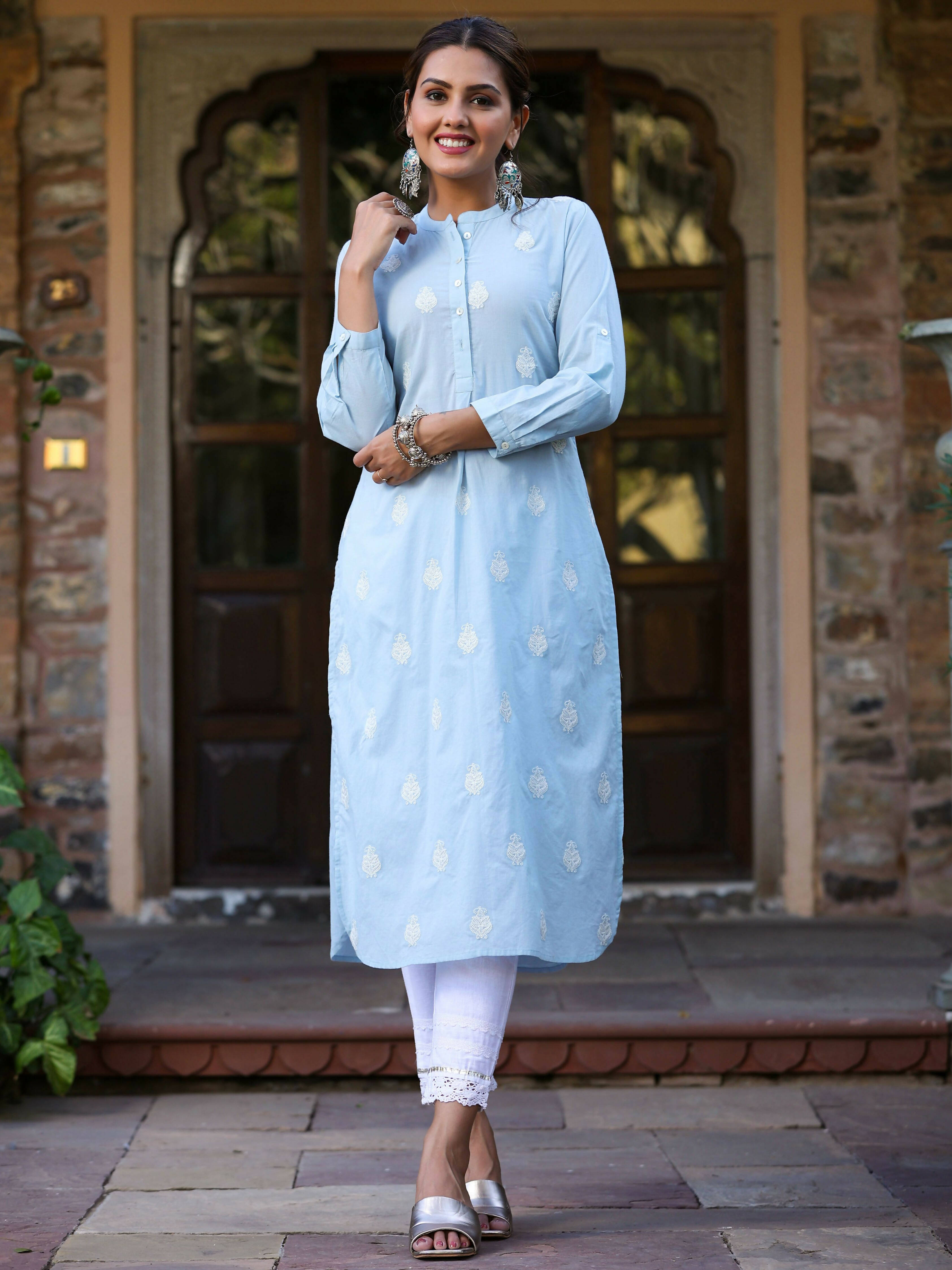 Juniper Women's Blue Cambric Embroidered Straight Kurta - Distacart