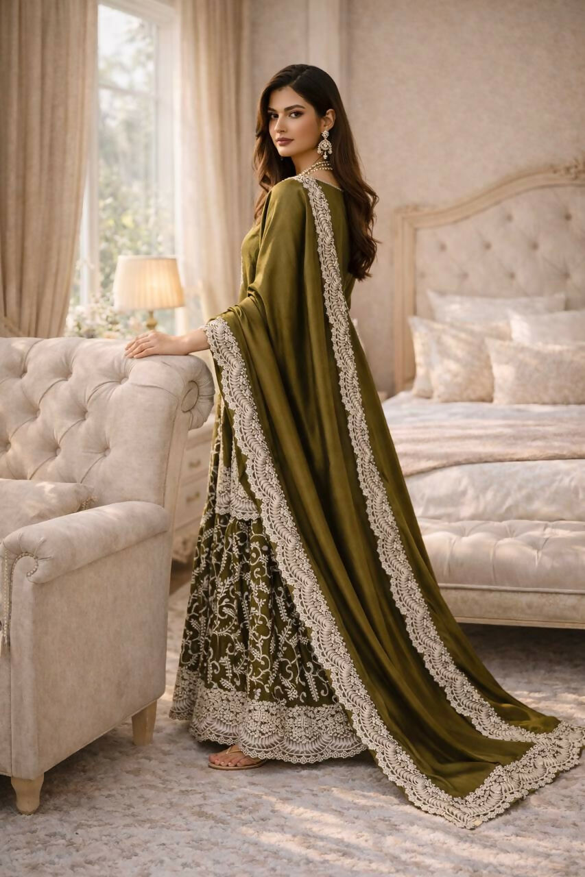 Teeya Creation Mehendi Fendy Satin Heavy Embrodiery Work Wedding Wear Salwar Suit - Distacart
