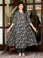 Miravan Women's Black Cotton Anarkali Kurta Embroidered Neck With Palazzo