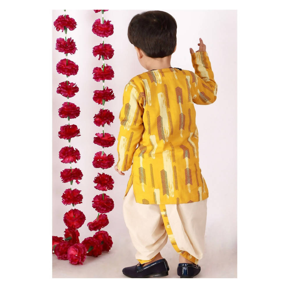 Little Bansi Boys Yellow and Cream Color Feather print Kurta and Dhoti