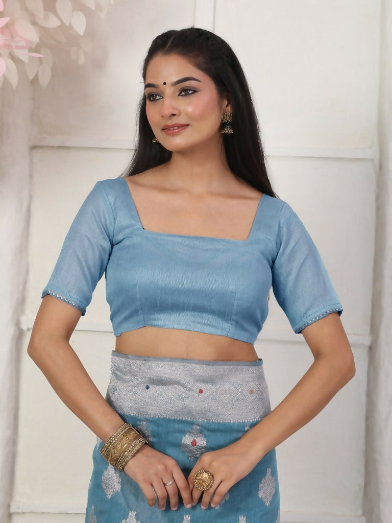 Shree Shyam Fashion Linen Cotton Sky Blue Saree - Distacart