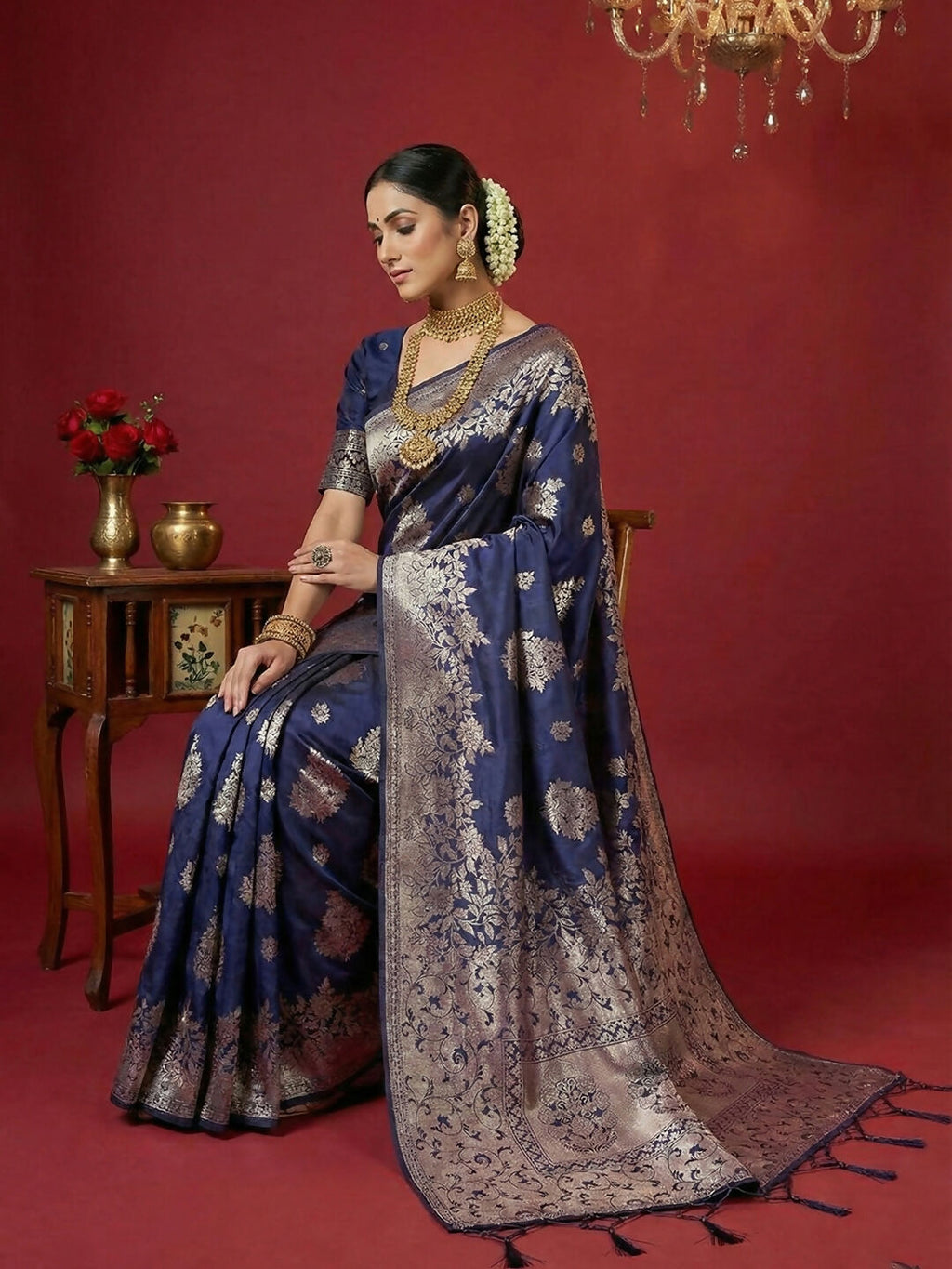 Shree Shyam Fashion Navy Blue Silk Blend Saree - Distacart