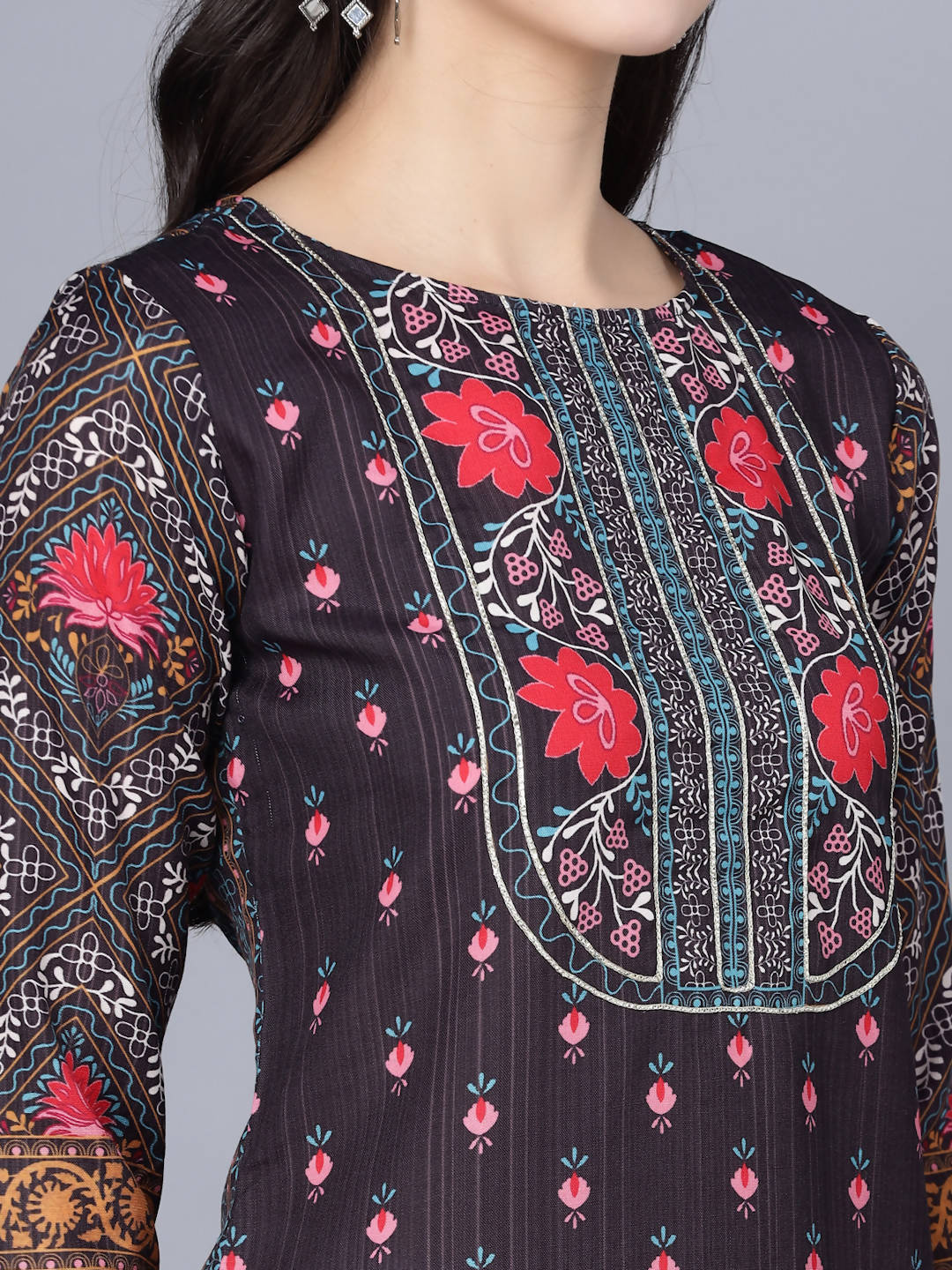 Myshka Women Multicoloured Ethnic Motifs Printed Mirror Work Kurta - Distacart