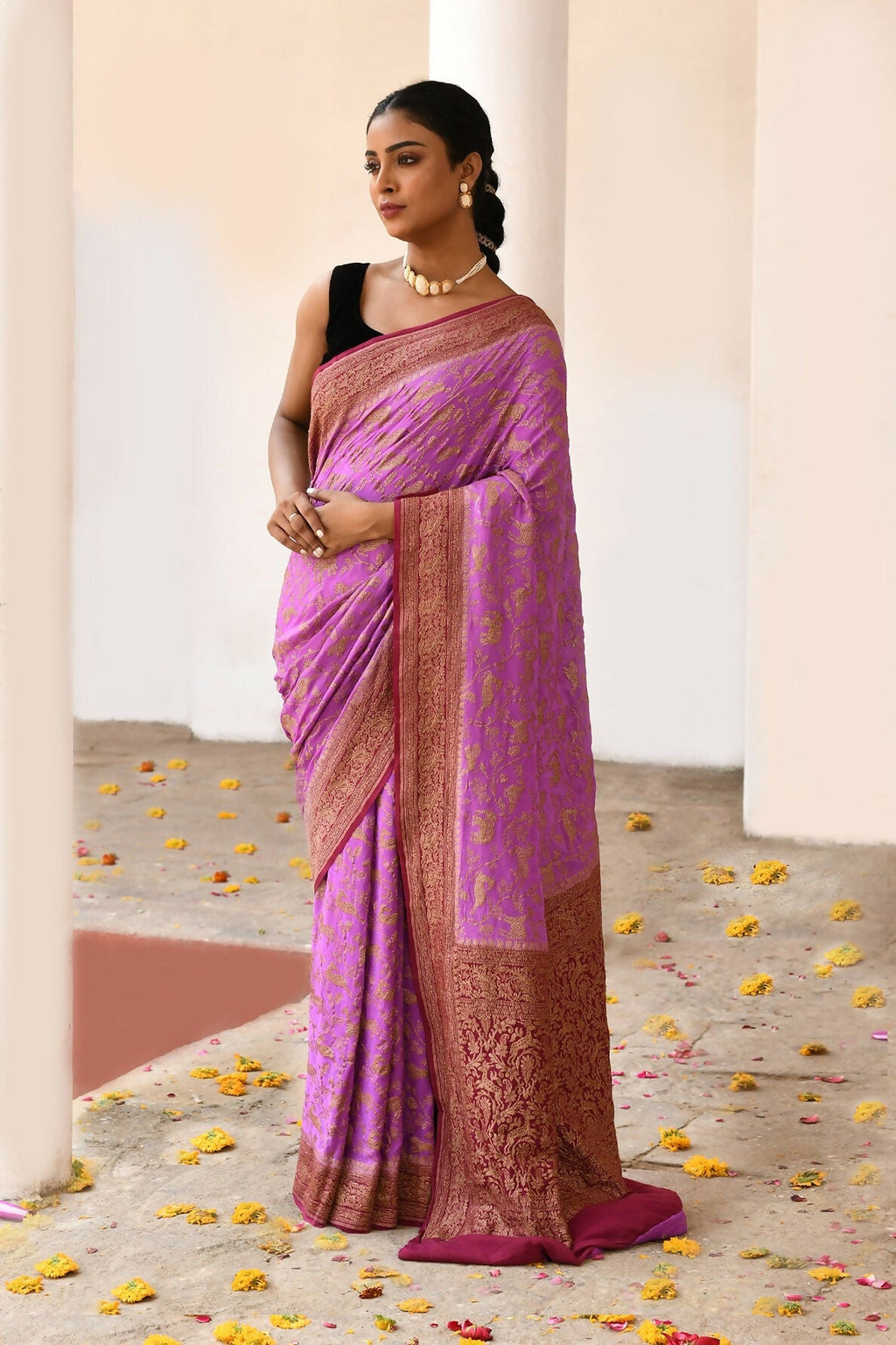 Joban Fashion Hot Pink Crepe Chiffon Pure Handloom Banarasi Silk Saree