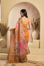 Vastranavya Orange Digital Printed Linen Ready To Wear Designer Saree with Unstitched Blouse - Distacart