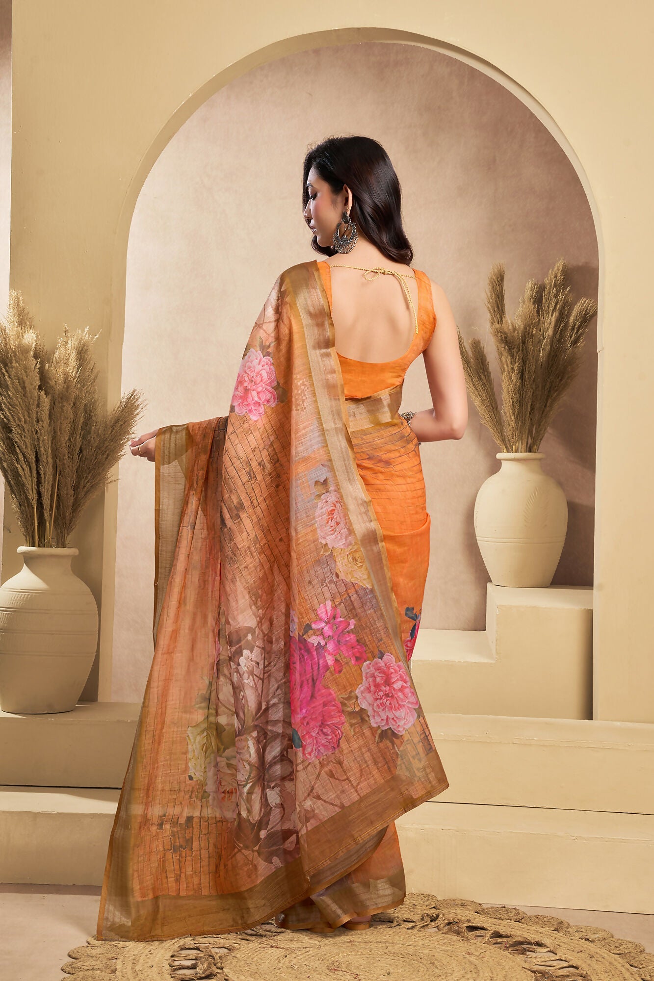 Vastranavya Orange Digital Printed Linen Ready To Wear Designer Saree with Unstitched Blouse - Distacart