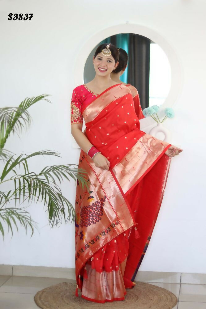 Red Woven Jacquard Designer Embroidery Work Party Wear Saree - Parampara