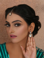 Tear Drop Dual Tone Kundan Maang Tikka with Earrings Jewellery Set (silver) - Ruby Raang