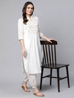 Ahalyaa Women Offwhite Pure Cotton Printed Kurta With Trousers - Distacart