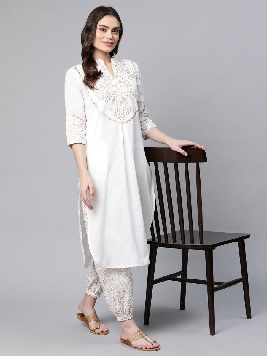 Ahalyaa Women Offwhite Pure Cotton Printed Kurta With Trousers - Distacart