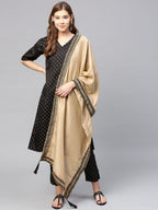 Ahalyaa Women's Black Poly Silk Printed Kurta Pant With Dupatta