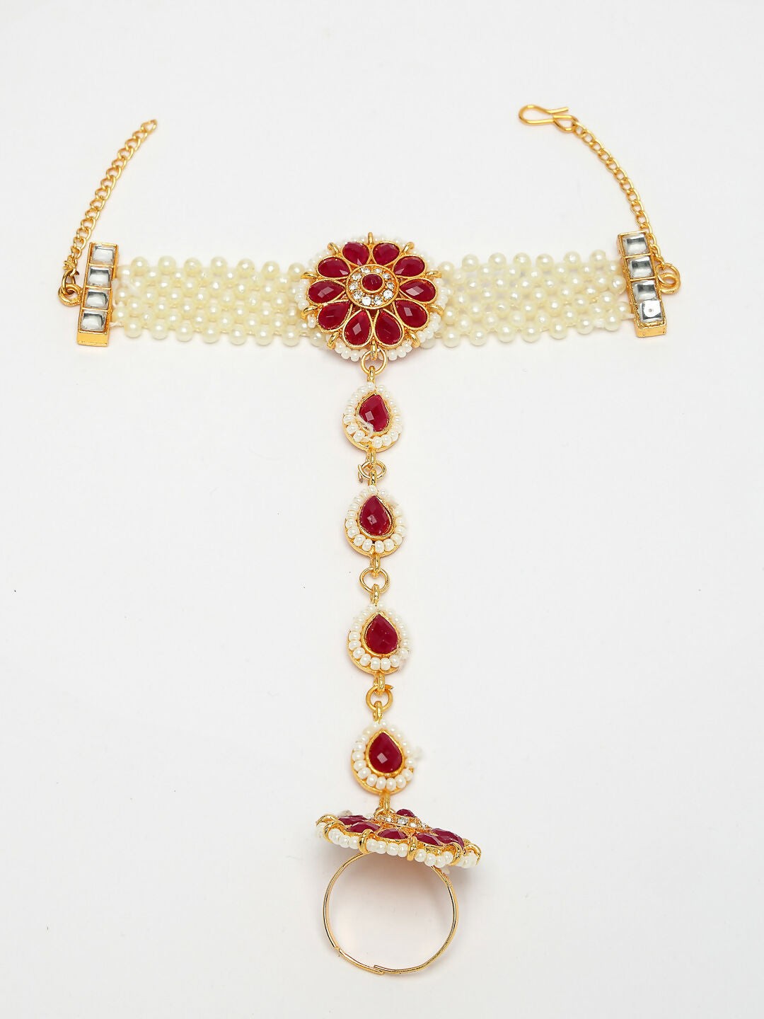 NVR Women's Red Gold-Polished Stone Studded Handcrafted Ring Bracelet - Distacart