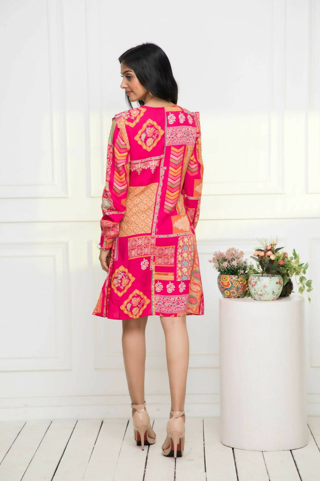 Myshka Women Red Geometric Rayon A-Line Round Neck Dress - Distacart