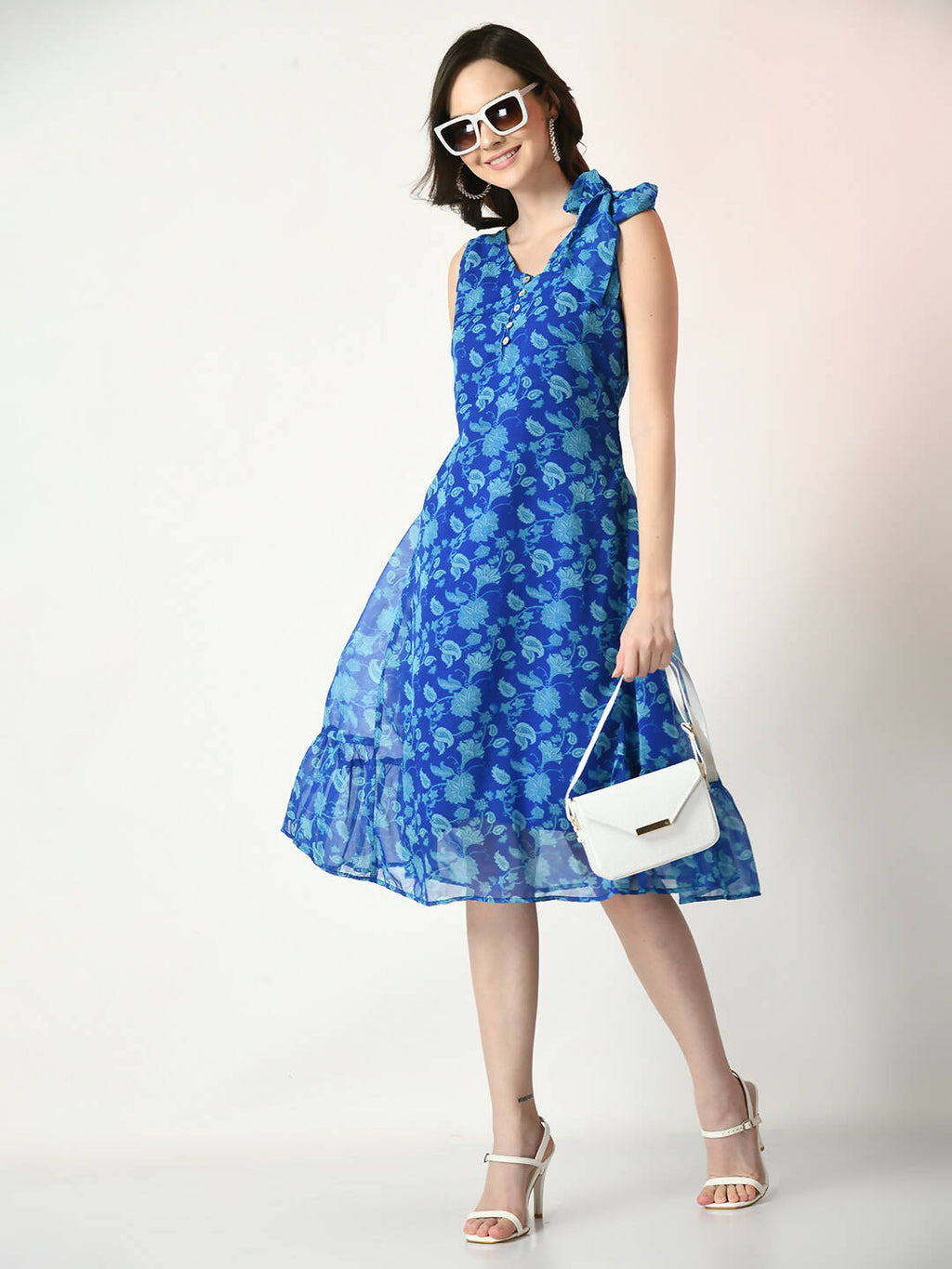 Myshka Women's Blue Fit and Flare Printed Dress - Distacart