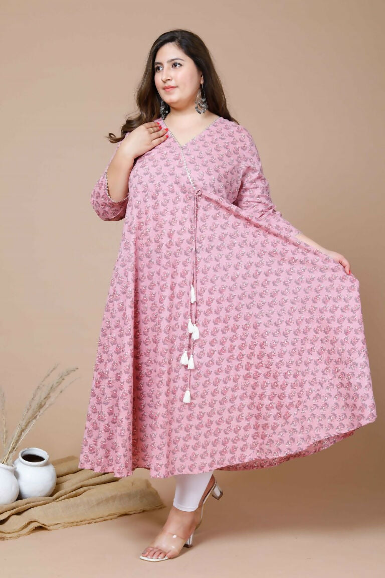 Miravan Women's Pink Plus Size Cotton Floral Print Long Anarkali Kurta