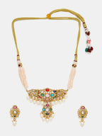 Ruby Raang Gold Polished Kundan Work Multi-Color Navratan Kundan Choker With Stud Earrings - Distacart