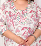 Miravan Women's Plus Size Light Pink Scenic Birds And Leaf Floral Printed Cotton Straight Pakistani Style Kurta And Palazzo