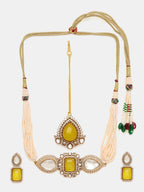 Ruby Raang 22k Gold Polished Green Stone And Moissanite Necklace With Matching Earrings And Maang Tikka