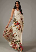 Off White Bright Moss Designer Digital Printed Party Wear Saree - Be Verly