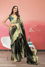 Green Satin Solid Designer, Printed Party Wear Ready To Wear Saree - Nasreen