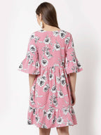 Myshka Women's Pink Poly Crepe Printed Bell Sleeve Round Neck Dress