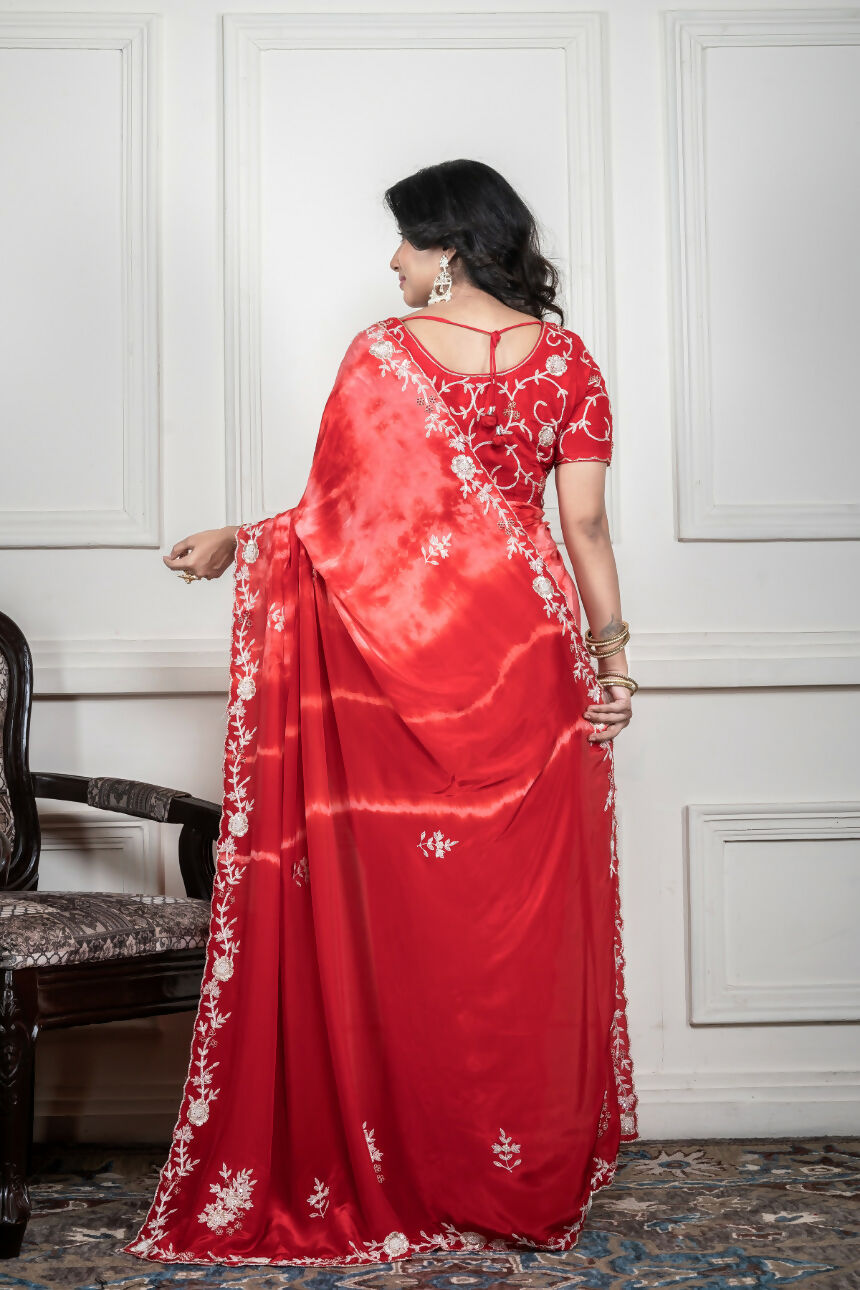 Morchari Red Crepe Hand Embroidery Saree And Stitched Blouse - Distacart