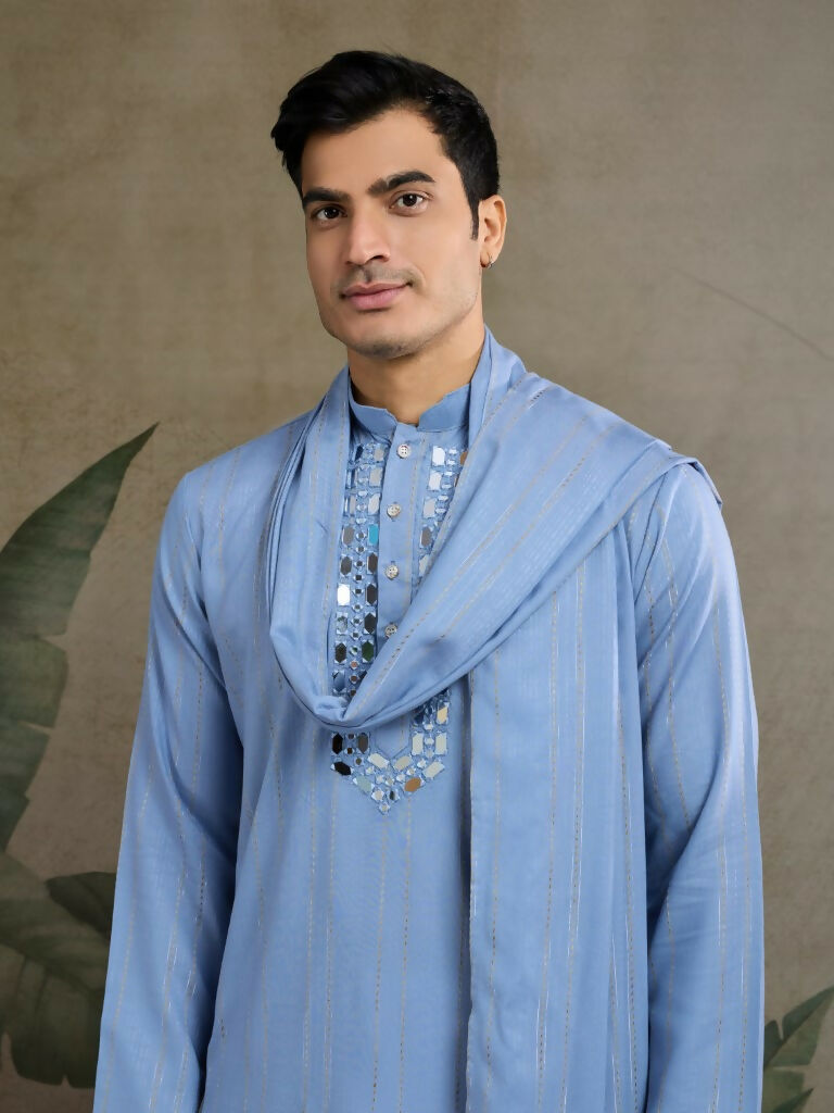 Vastranavya Light Blue Exclusive Viscose Silk Festival Wear Real Mirror Work Kurta with Dupatta