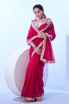 Pink C/H Net Solid Designer & Lace Work Saree - Samaa