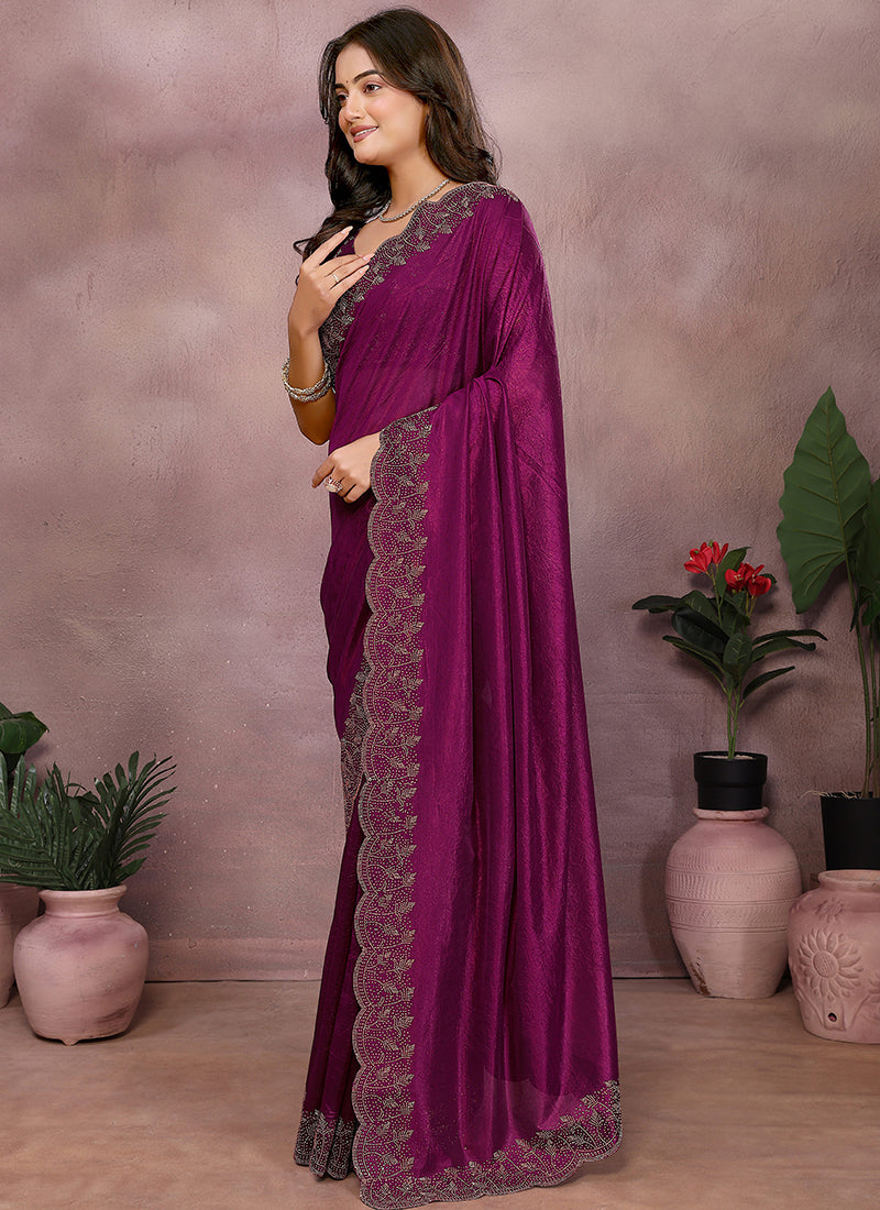 Vellora Wine Lycra Swarovski Stone Work Party Wear Saree - Distacart