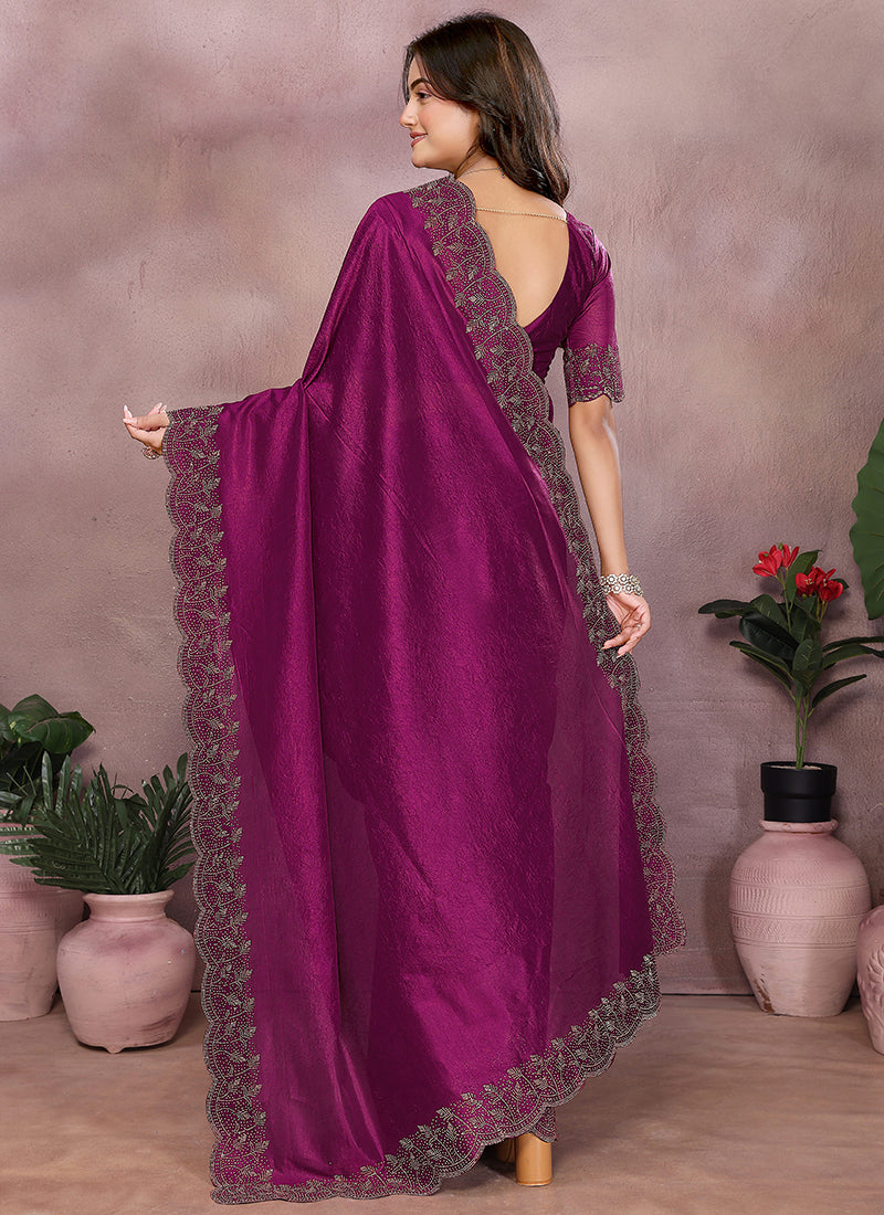 Vellora Wine Lycra Swarovski Stone Work Party Wear Saree - Distacart