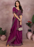 Vellora Wine Lycra Swarovski Stone Work Party Wear Saree - Distacart