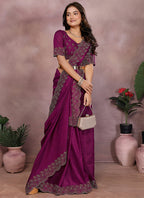 Vellora Wine Lycra Swarovski Stone Work Party Wear Saree - Distacart